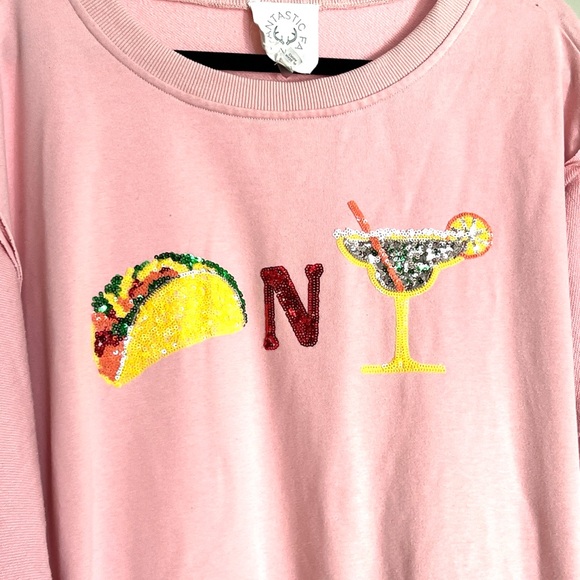Boutique Fantastic Fawn Tacos & Margaritas Sequin Patch Light Pink Sweatshirt 🌮🍹 - Picture 9 of 14